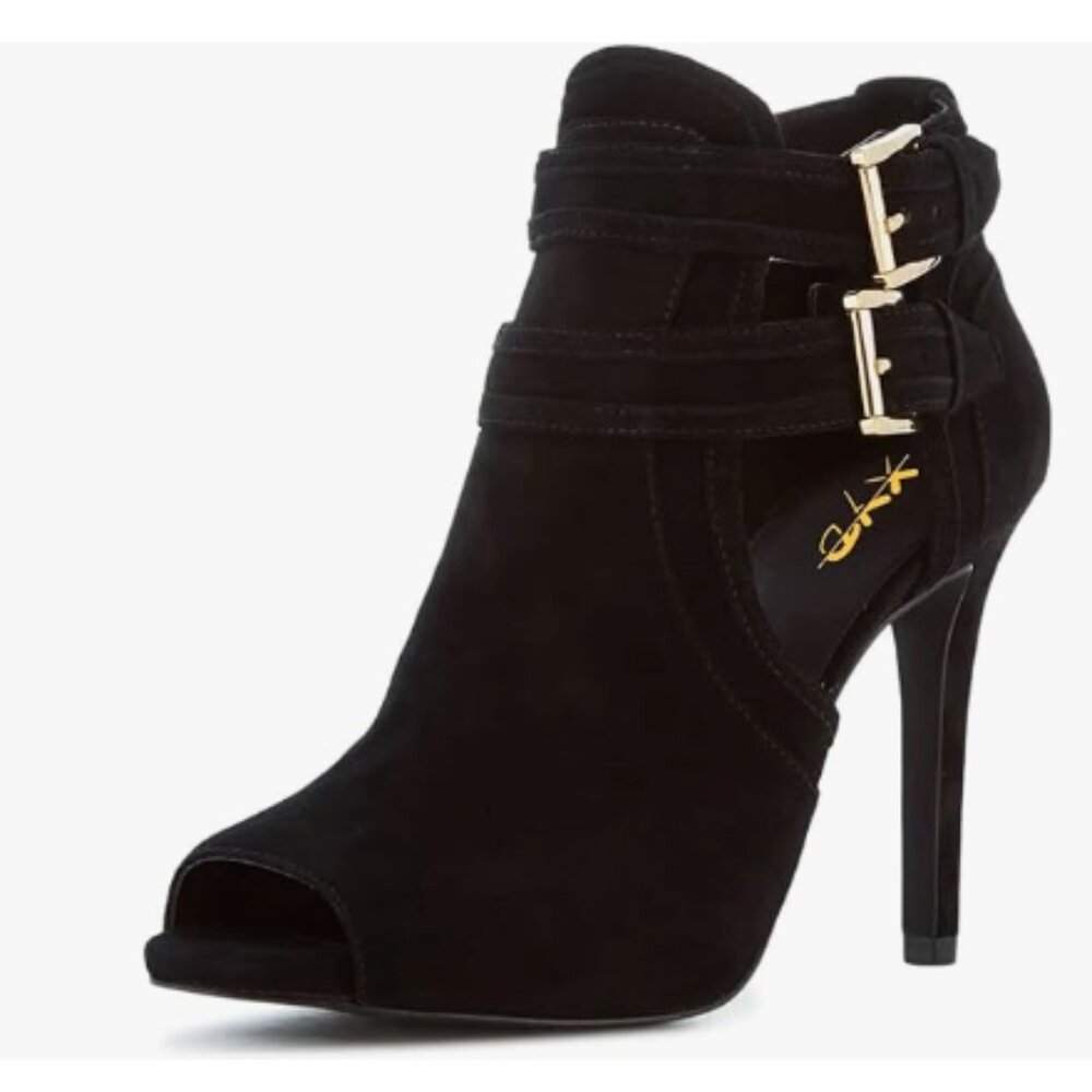 XYD Black-suede Peep Toe Ankle Booties Dual Buckled Straps Stiletto Heel Sandal